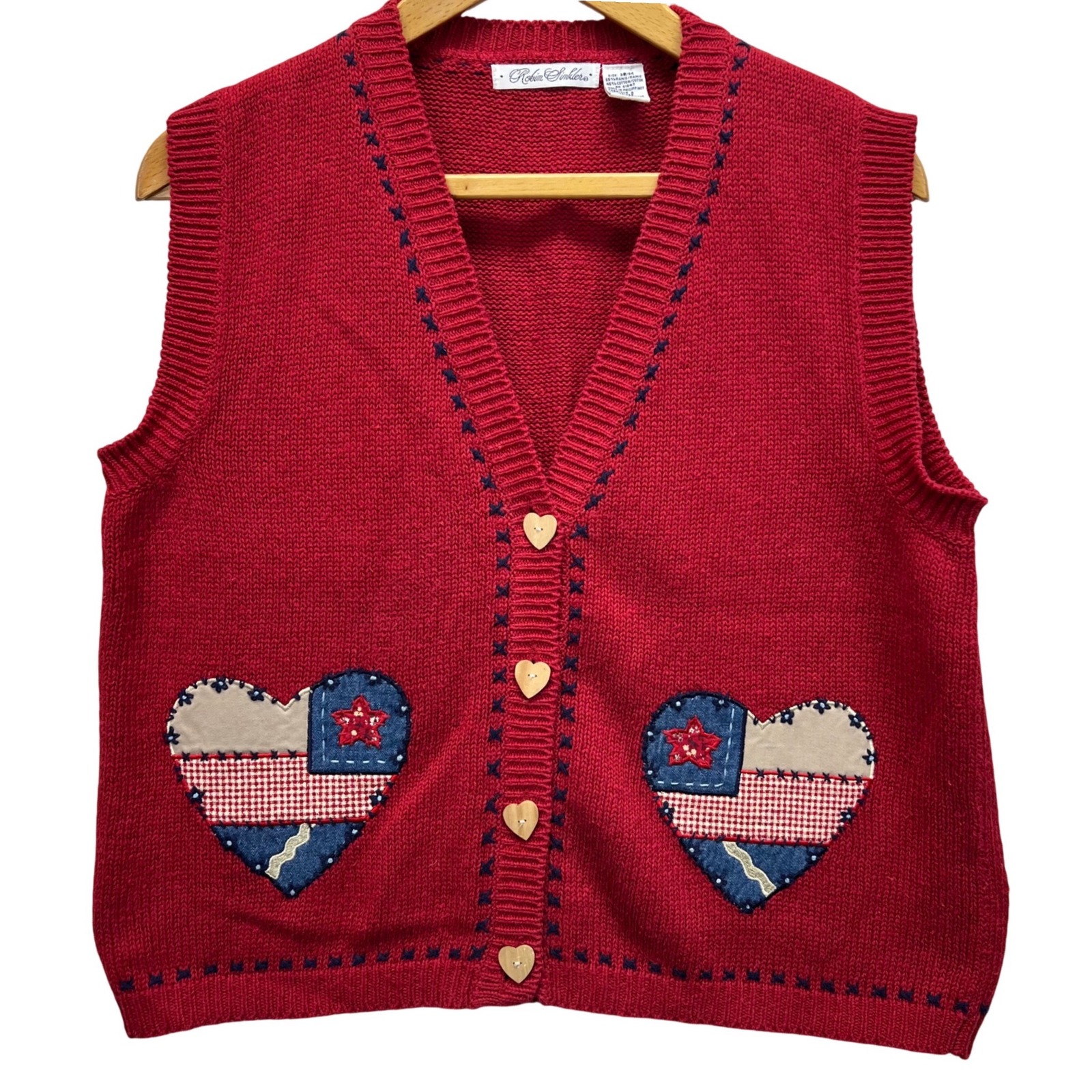 Robin Sinkler Knit Cardigan Vest Womens Medium Red Heart Flag Americana Vtg